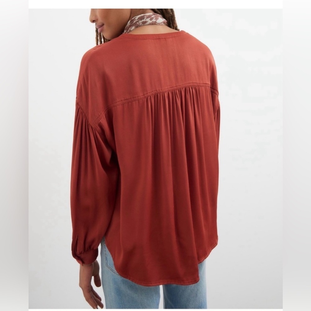 Anthropologie Pilcro Deep Red/Rust satin Blouse with Pockets - Picture 2 of 11